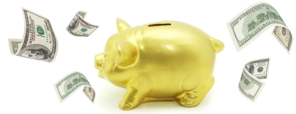 A gold piggy bank centered on a white background, surrounded by floating US dollar bills.