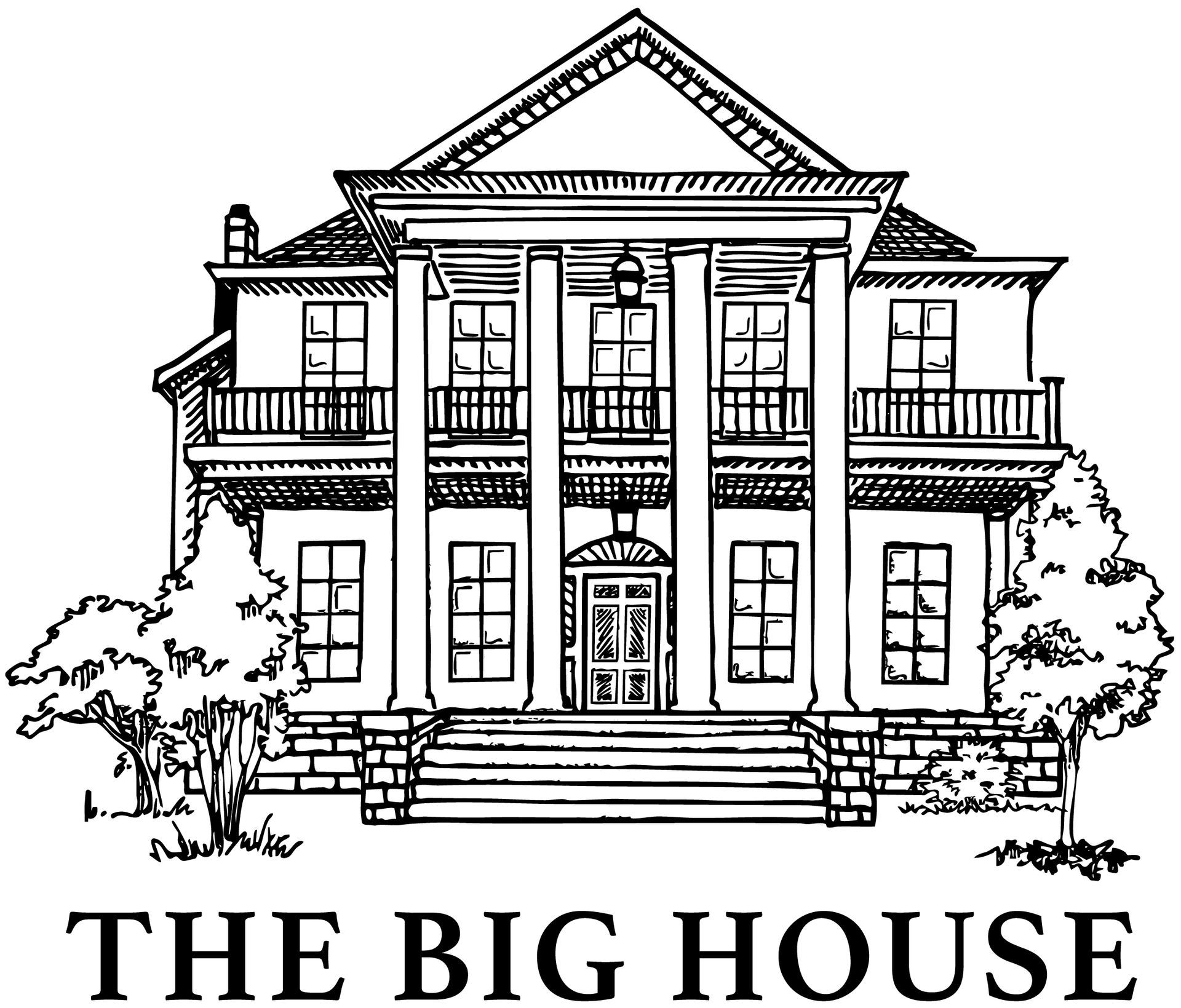 A large white house with a brick walkway leading to it