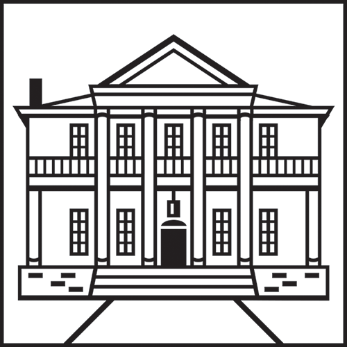 A black and white drawing of a large building with columns and balconies.