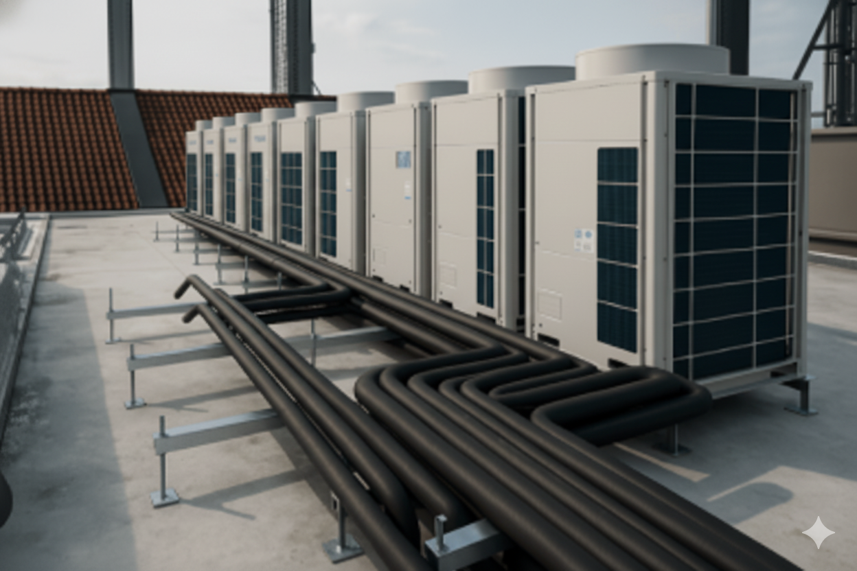 Rooftop HVAC units with black pipes, arranged on a flat surface, with a view of a building's roof.