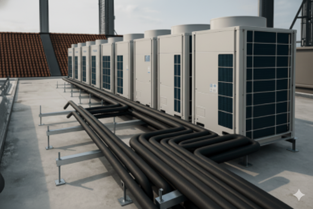 Rooftop HVAC units with black pipes, arranged on a flat surface, with a view of a building's roof.