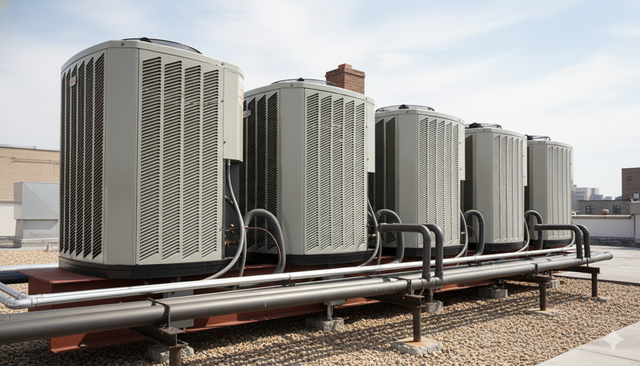 Air conditioning units on a building rooftop against a blue sky.