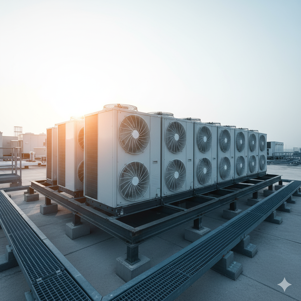 Air conditioning units on a rooftop, arranged on a metal frame, against a bright sky.