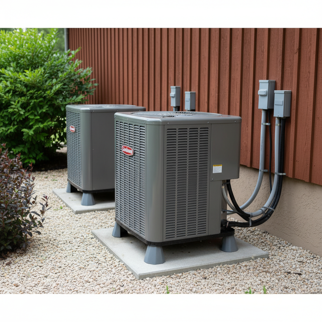 Two gray air conditioning units next to a brown building on a bed of gravel.