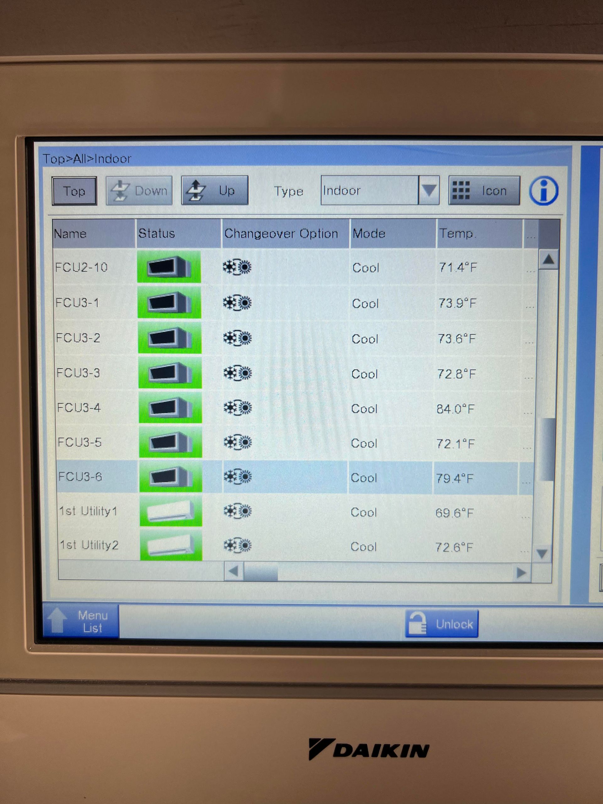 Daikin HVAC control panel showing a list of units, their status, and temperatures; some are active (green).