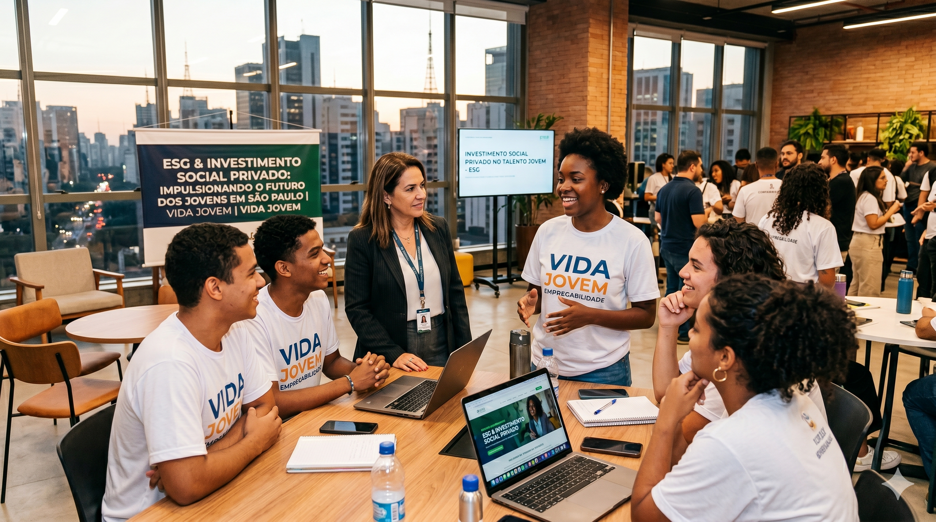 Equipe conversando em uma mesa com laptops e documentos em um evento de networking interno e iluminado.