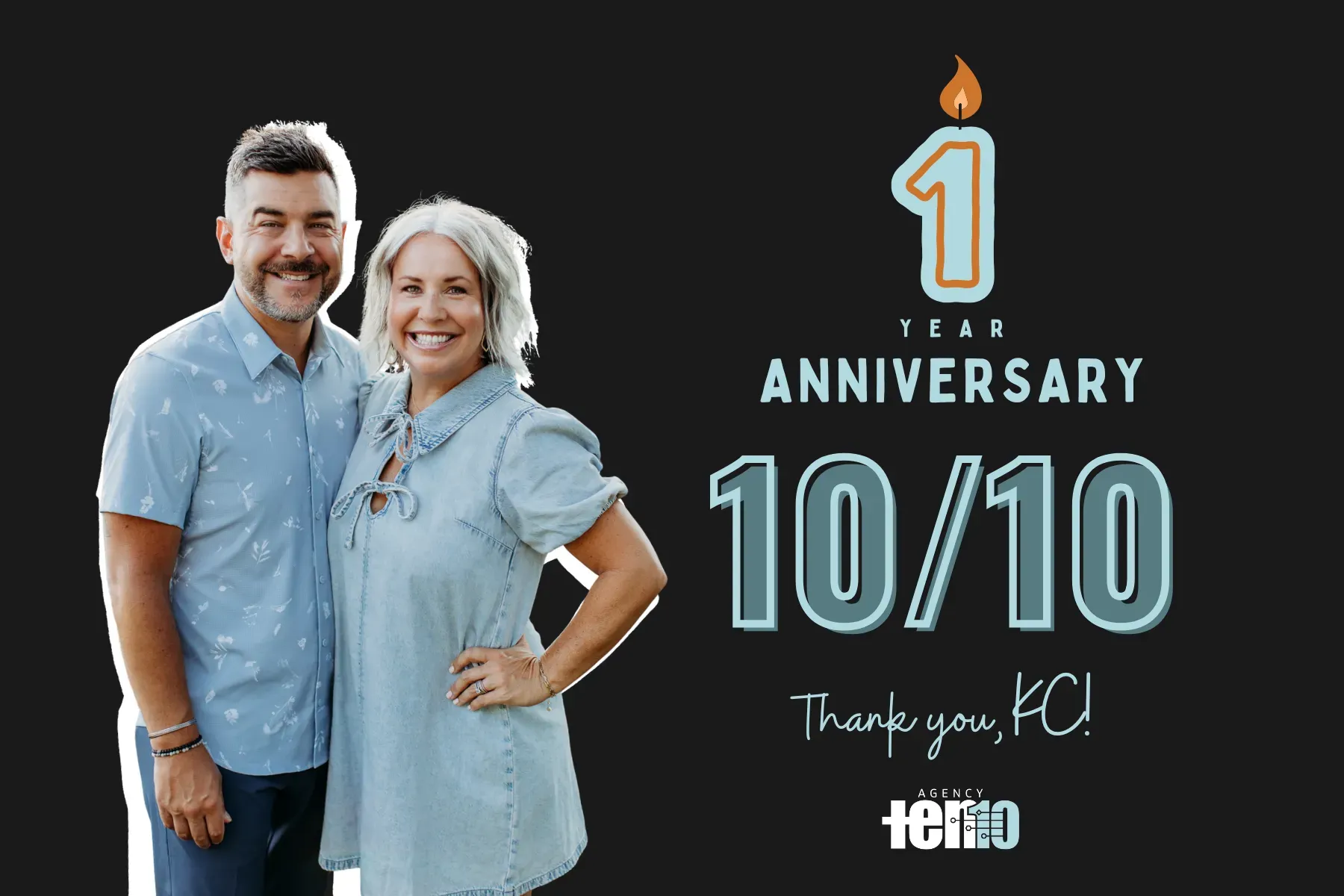 Man and woman celebrating their first anniversary, with 