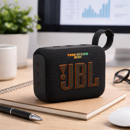 Black JBL portable speaker on a notebook. 