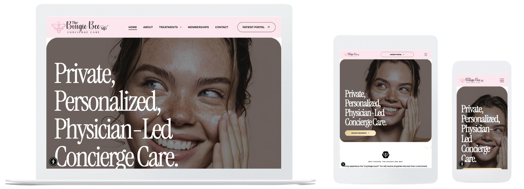 Website mockup showing a woman with text: "Private, Personalized, Physician-Led, Concierge Care." Across multiple devices.
