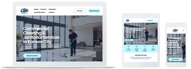 Website homepage mockup shown on desktop, tablet, and phone with a law office hero banner and call-to-action button