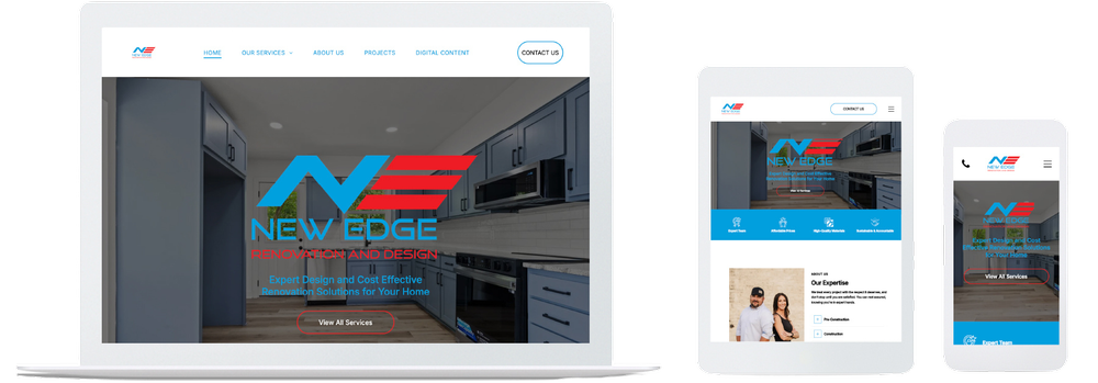 Website design on laptop, tablet, and mobile, featuring the New Edge logo and interior design content.