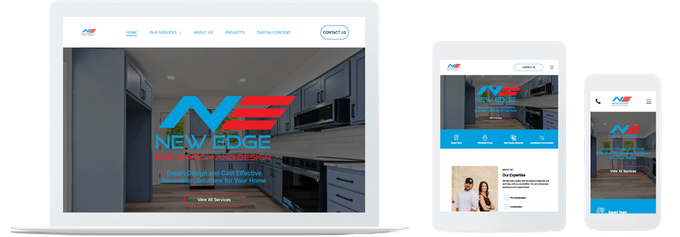 Website design on laptop, tablet, and mobile, featuring the New Edge logo and interior design content.