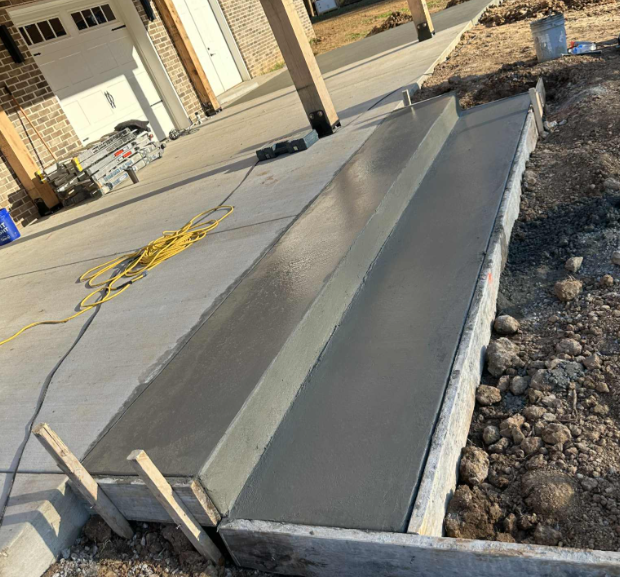 Covered patio with gray concrete floor, white siding, and black-framed windows.