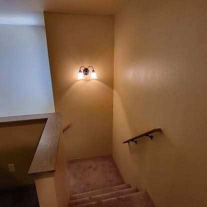 Stairwell with beige walls, carpeted steps, and a lit wall sconce on the landing