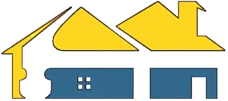 Stylized yellow house roof over blue house shapes with windows and door