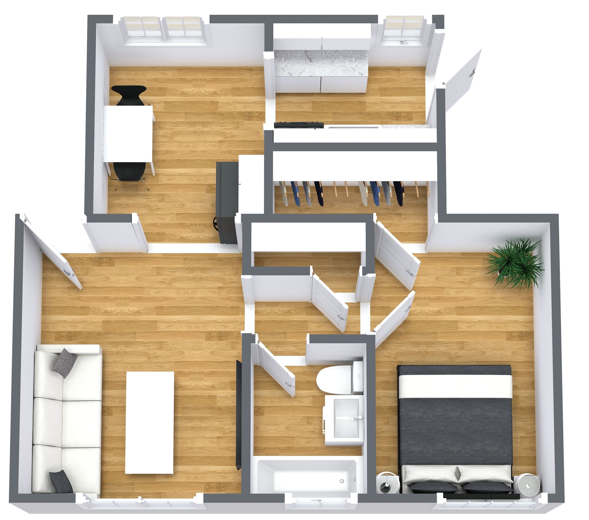 Floor plan rendering of a small apartment with living room, bedroom, kitchen, and desk area.