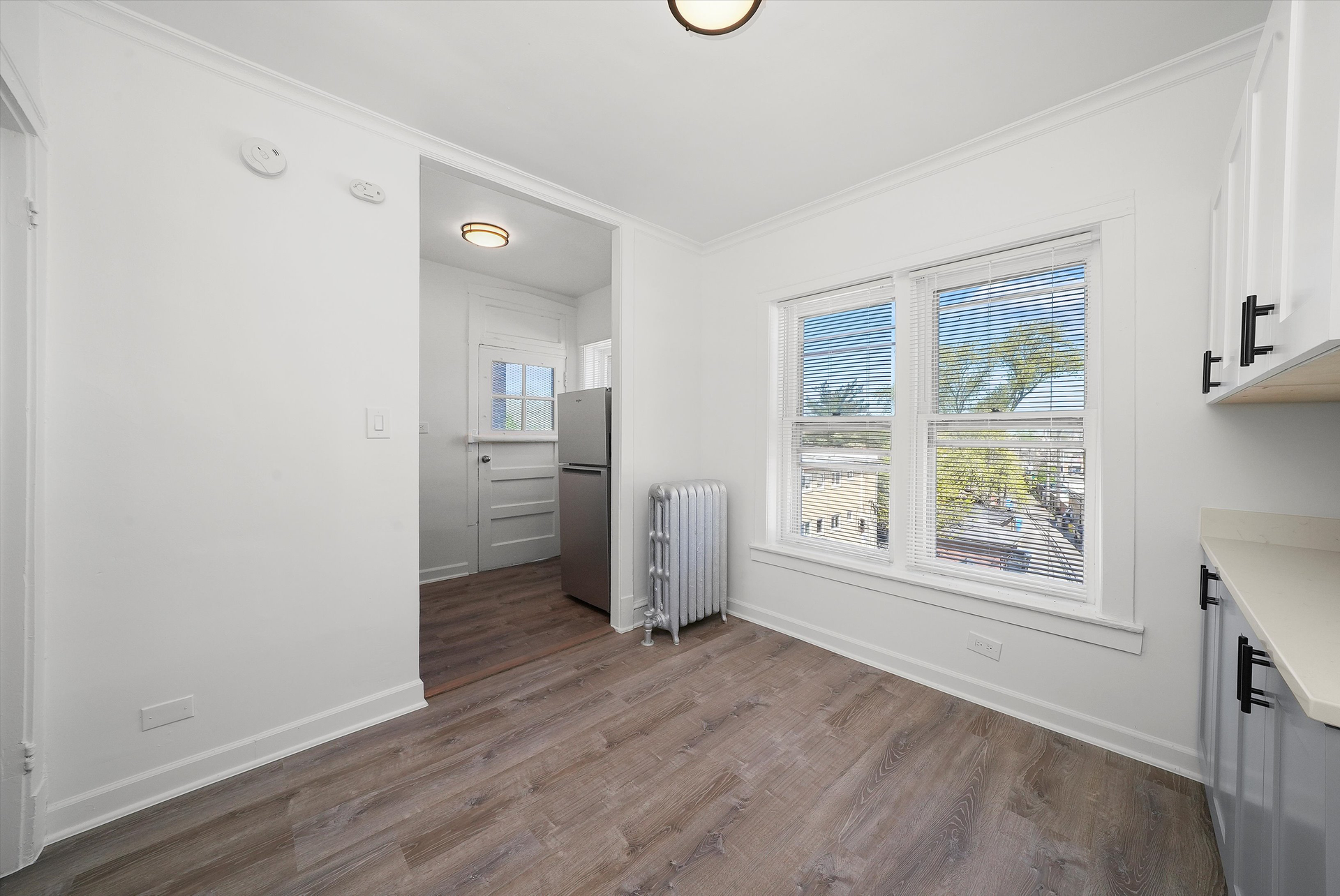 Empty kitchen with white walls, wood-look floor, and a view through a window.