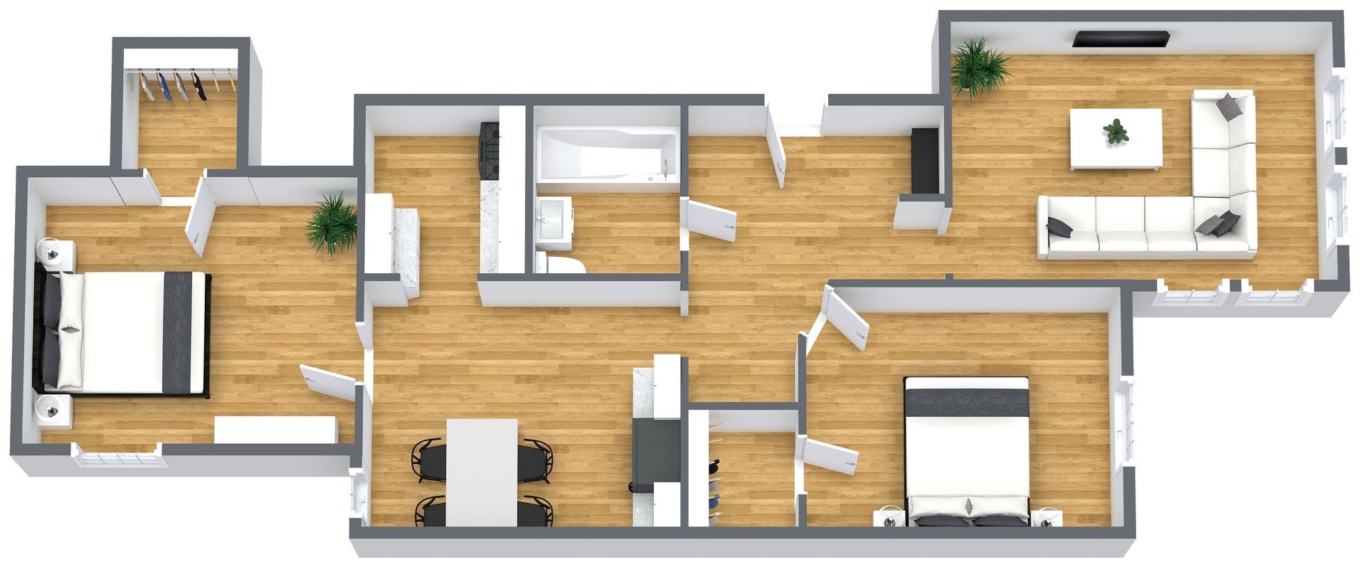 Floor plan of a modern apartment with two bedrooms, bathroom, kitchen, and living room.