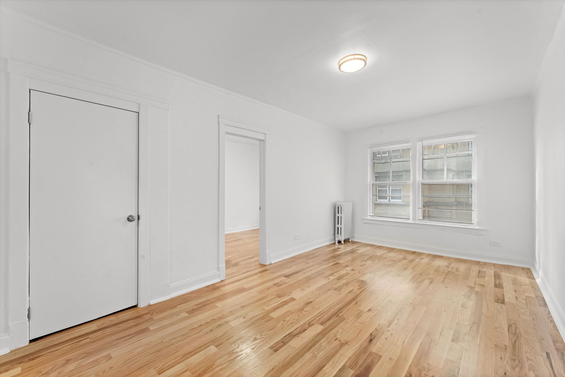 Empty white room with hardwood floors, two closed doors, and a window.