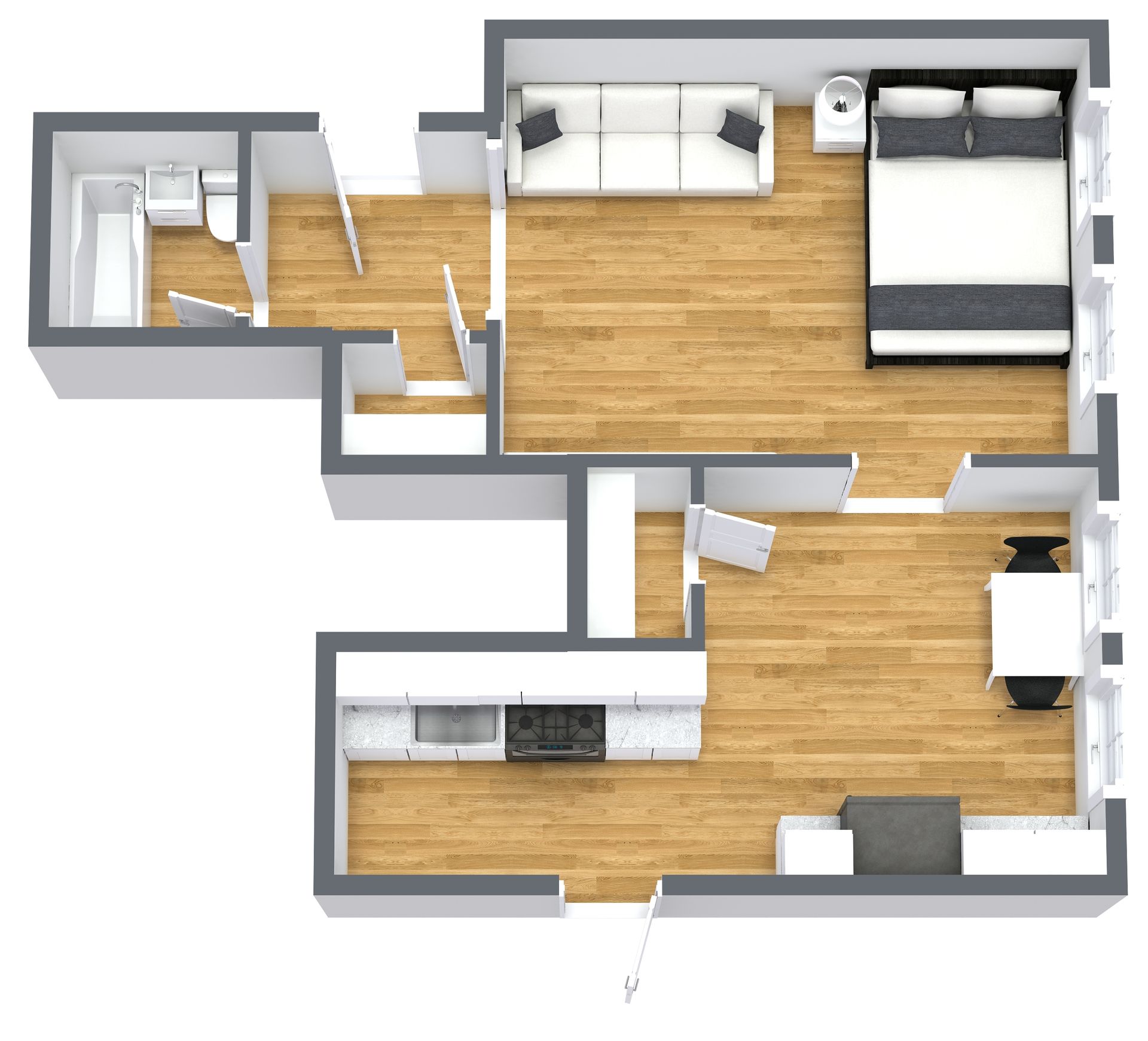 Floor plan: furnished apartment with bedroom, living area, kitchen, and bathroom. Wooden floors, white walls.