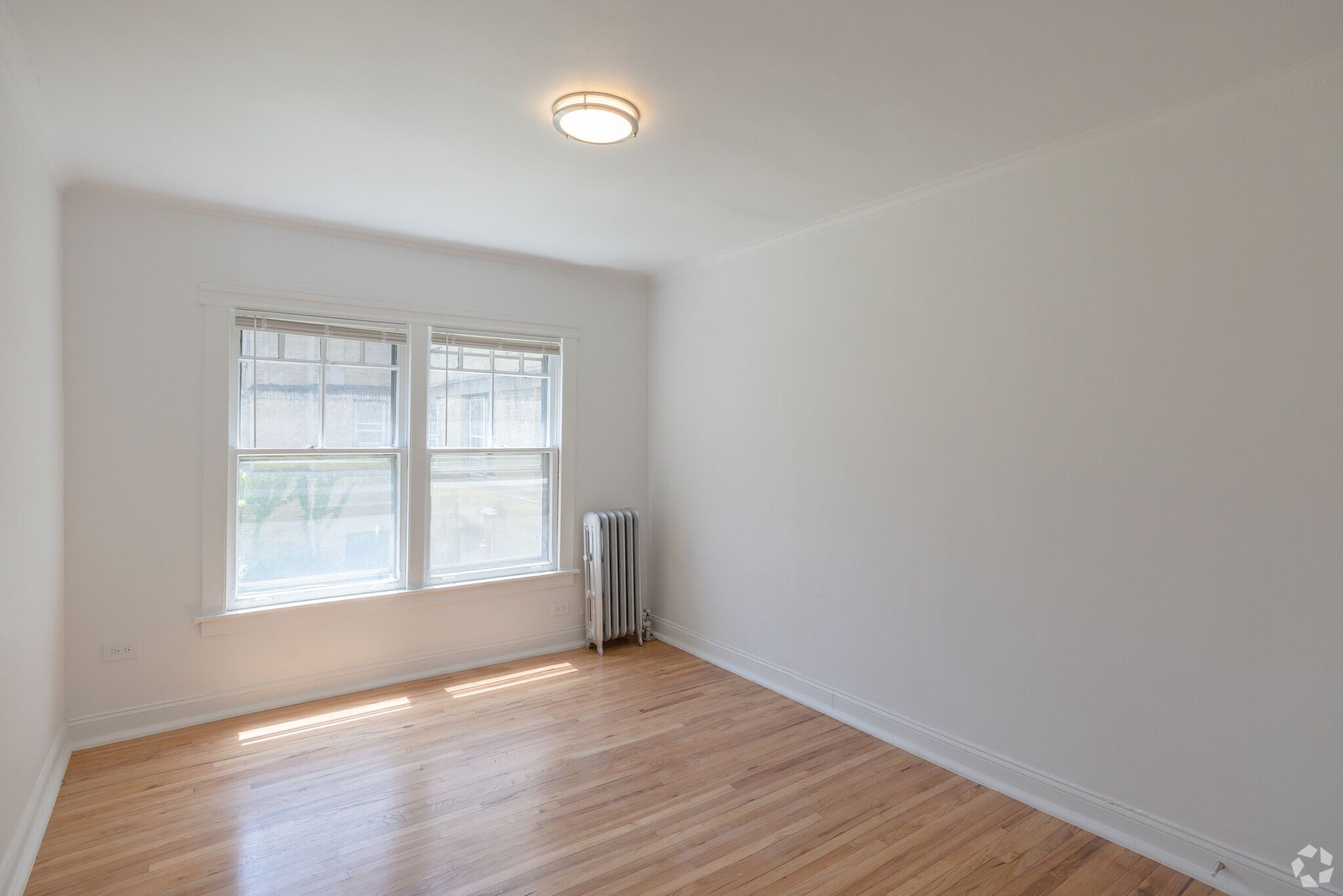 Empty room with light wood floors, a window, radiator, and white walls.