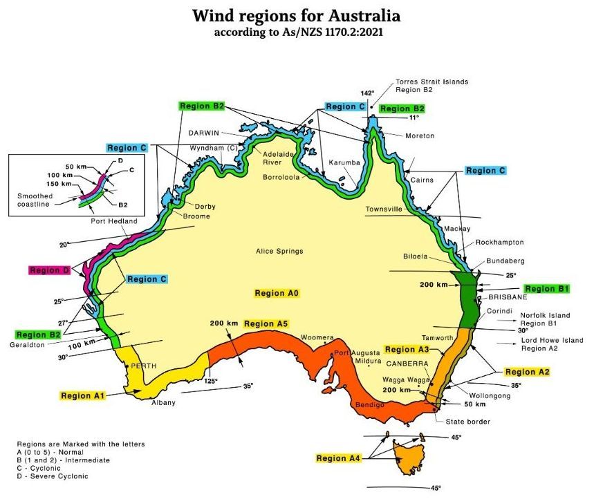 A map showing the wind regions for australia