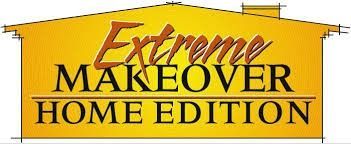 Logo for Extreme Makeover: Home Edition, in orange and brown, shaped like a house.