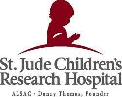 St. Jude Children's Research Hospital logo with a child silhouette, red on white.