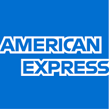 The american express logo is blue and white on a blue background.