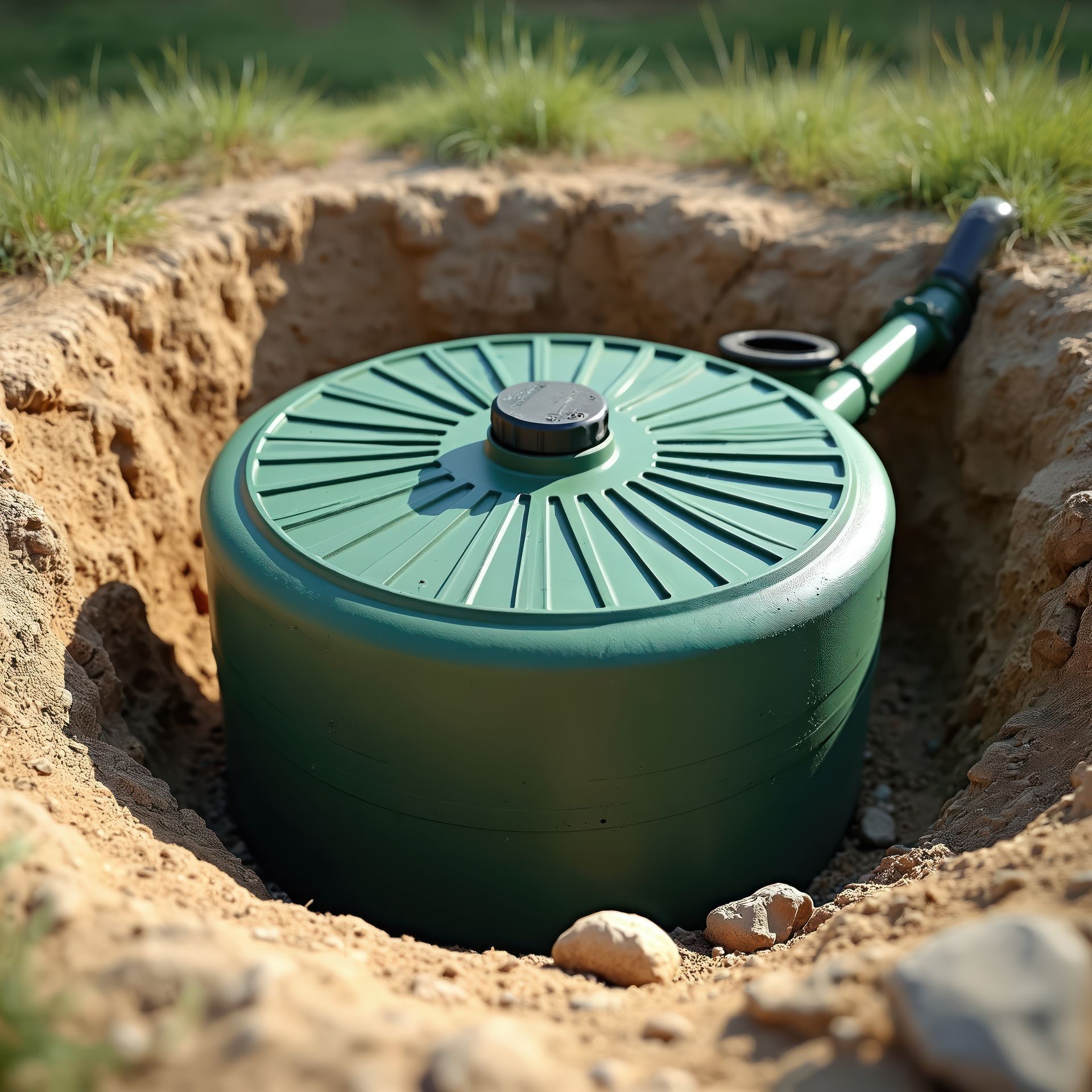 Green septic tank in backyard, showcasing septic system repair for underground sewage systems.