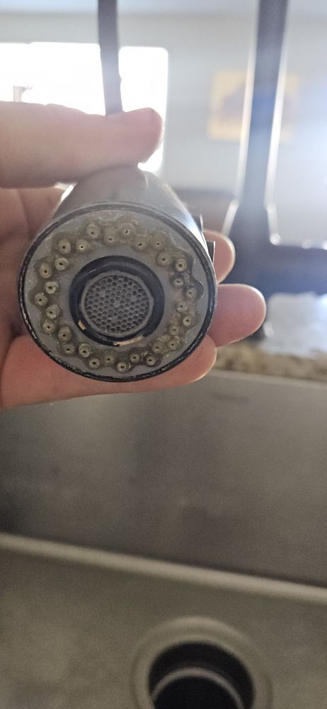 A person is holding a faucet head over a sink.