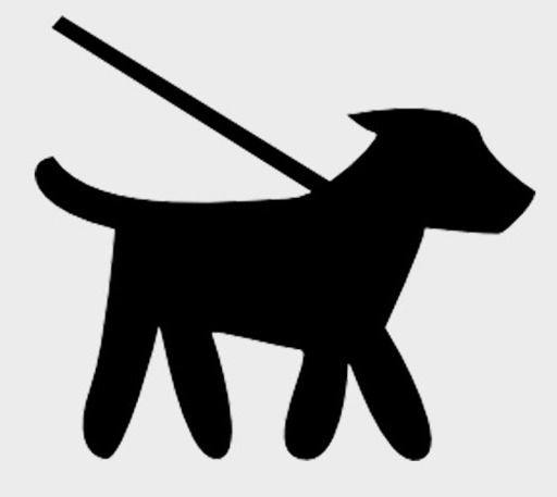 Zwart silhouet van een hond aan de lijn, die loopt.