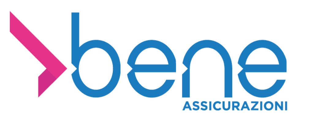 Logo per Bene Assicurazioni con una grafica a chevron rosa a sinistra delle parole blu 