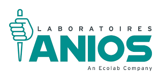 Logo des Laboratoires Anios, une société Ecolab, en bleu sarcelle et blanc, représentant une main tenant un compte-gouttes.