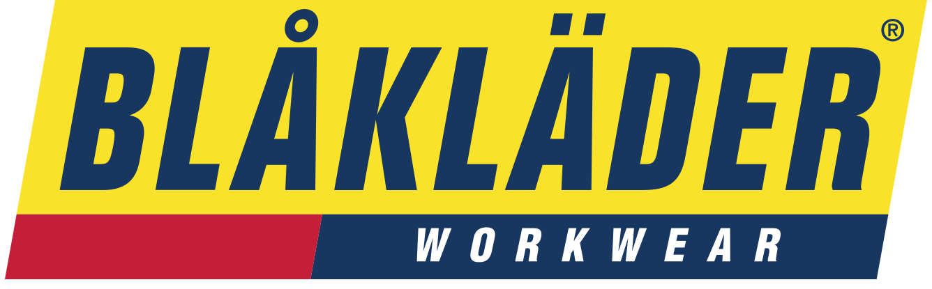 Logo des vêtements de travail Blåkläder : texte bleu marine sur un rectangle jaune ; barres rouges et bleues en dessous.