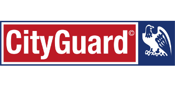 Logo CityGuard : texte blanc sur un rectangle rouge, bordure bleue, icône d'aigle sur bleu.