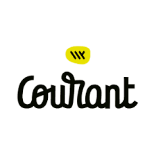 Logo pour Courant, avec un mot-symbole cursif noir et un emblème jaune au-dessus.