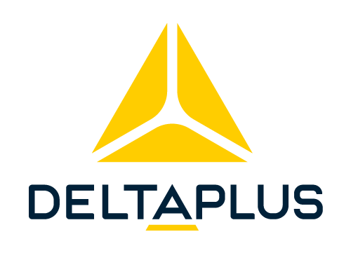 Logo triangle jaune avec le mot « DELTAPLUS » en bleu foncé.