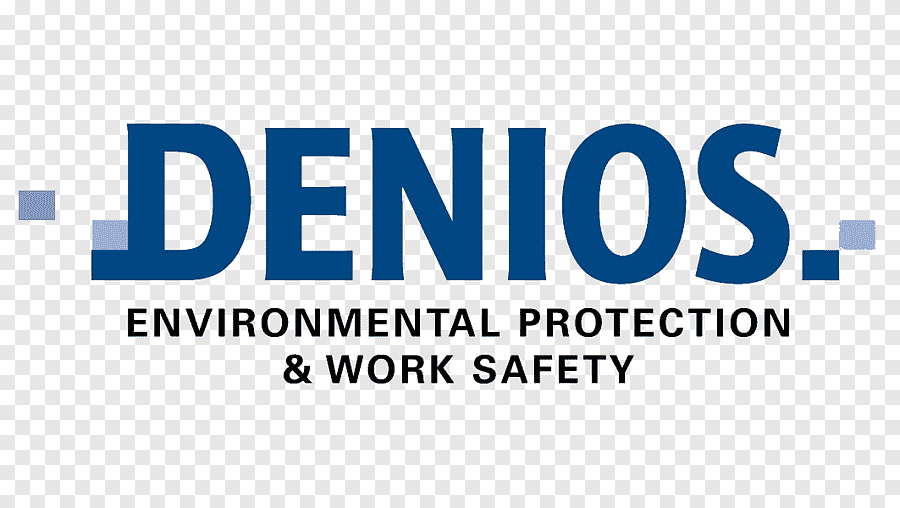 Logo DENIOS : texte bleu sur fond blanc. Protection de l'environnement et sécurité au travail.
