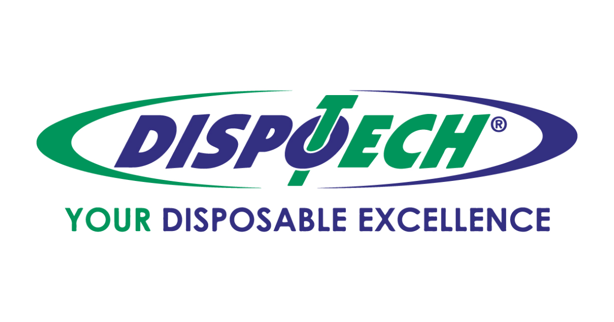 Logo de DispoTech : texte bleu et blanc, entouré d'ovales verts et bleus. Texte « Your Disposable Excellence » en dessous.