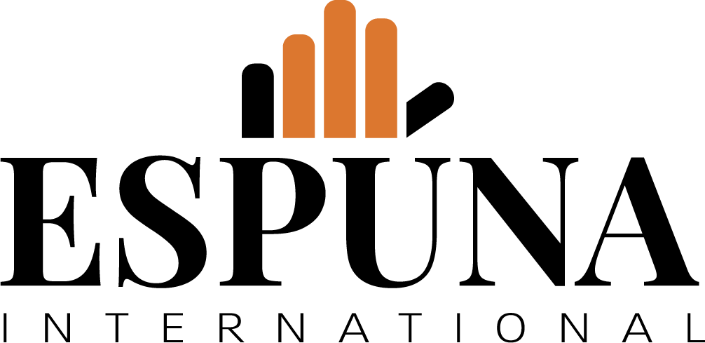 Logo pour Espuna International avec texte et illustration abstraite d'une main.