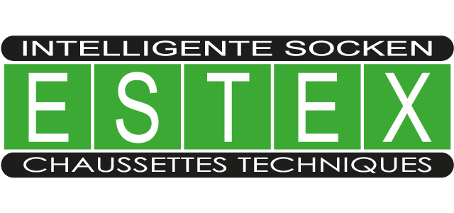 Logo des chaussettes intelligentes ESTEX. Les encadrés verts indiquent ESTEX, avec en noir au-dessus et en dessous : « Intelligente Socken » et « Chaussettes Techniques ».