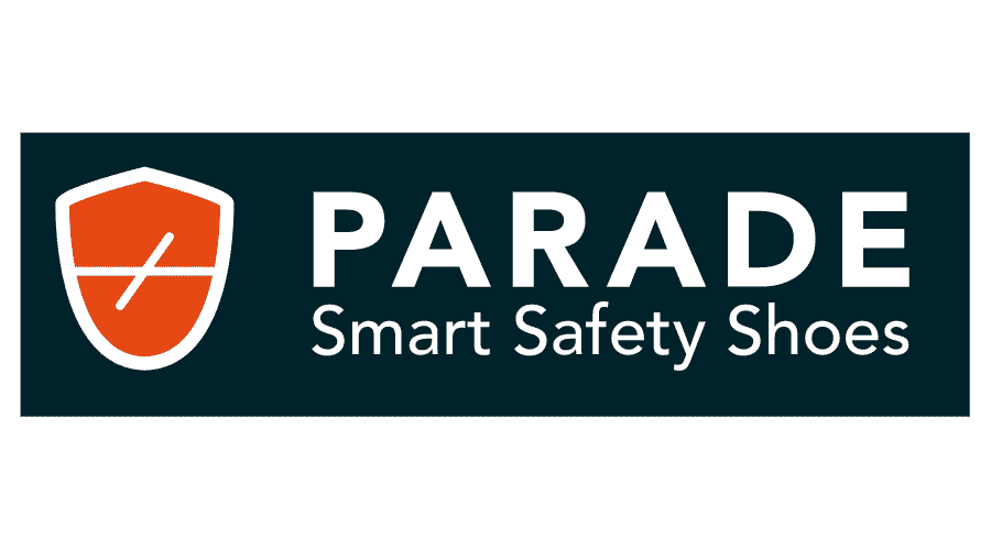 Logo des chaussures de sécurité intelligentes Parade : icône de bouclier avec une croix orange, texte « PARADE » et « Chaussures de sécurité intelligentes ».