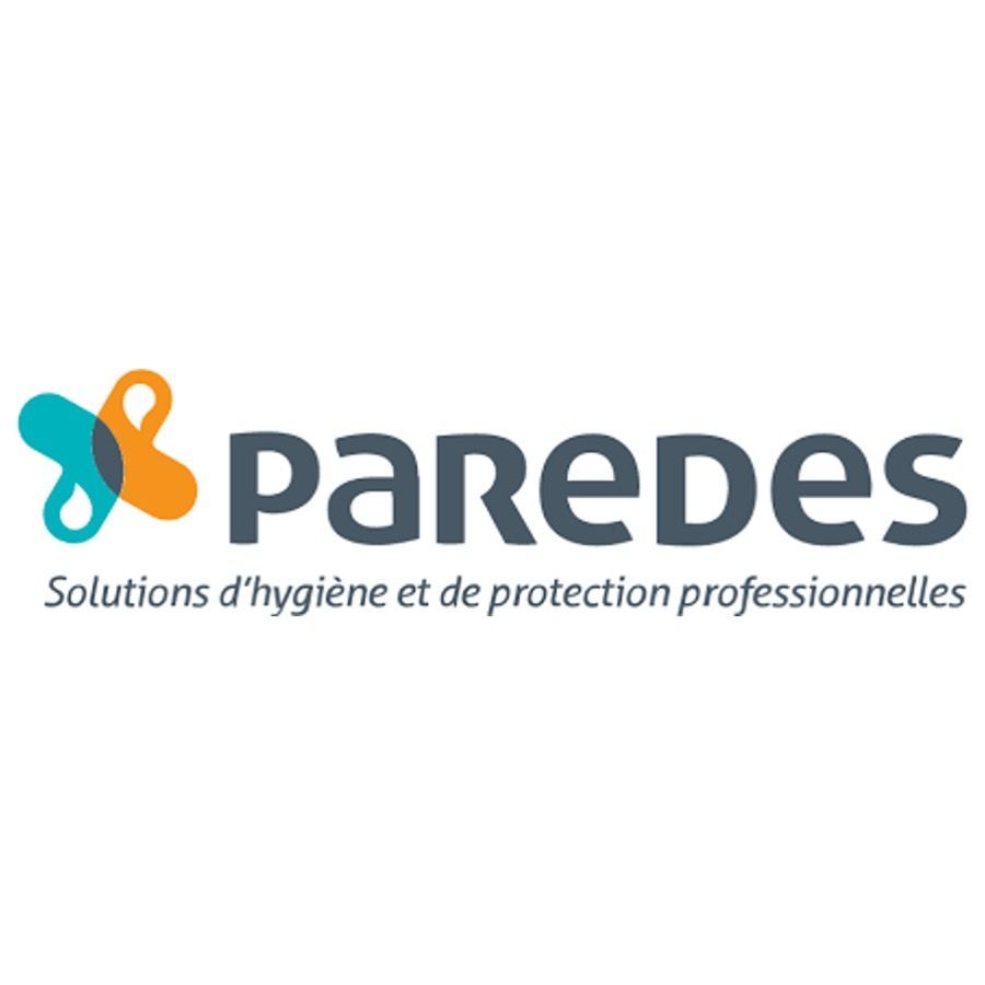 Logo for Paredes: text in dark gray with a blue/orange abstract shape, 