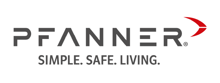Logo PFANNER : texte gris et symbole de flèche rouge, slogan « SIMPLE. SÛR. VIVANT. »