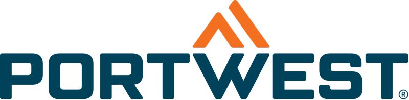 Logo Portwest : texte bleu avec motif triangulaire orange au-dessus.