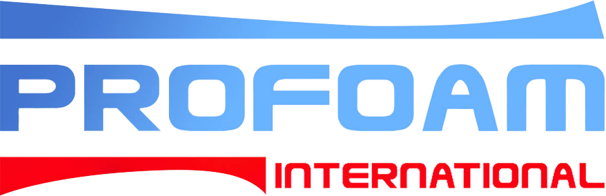 Logo de Profoam International. Texte bleu et vagues avec une barre rouge en bas.