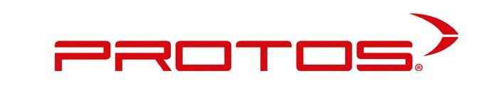 Logo rouge « PROTOS » avec un design en forme de flèche sur le côté droit.