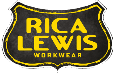 Logo pour Rica Lewis Workwear : bouclier noir avec texte et bordure jaunes.