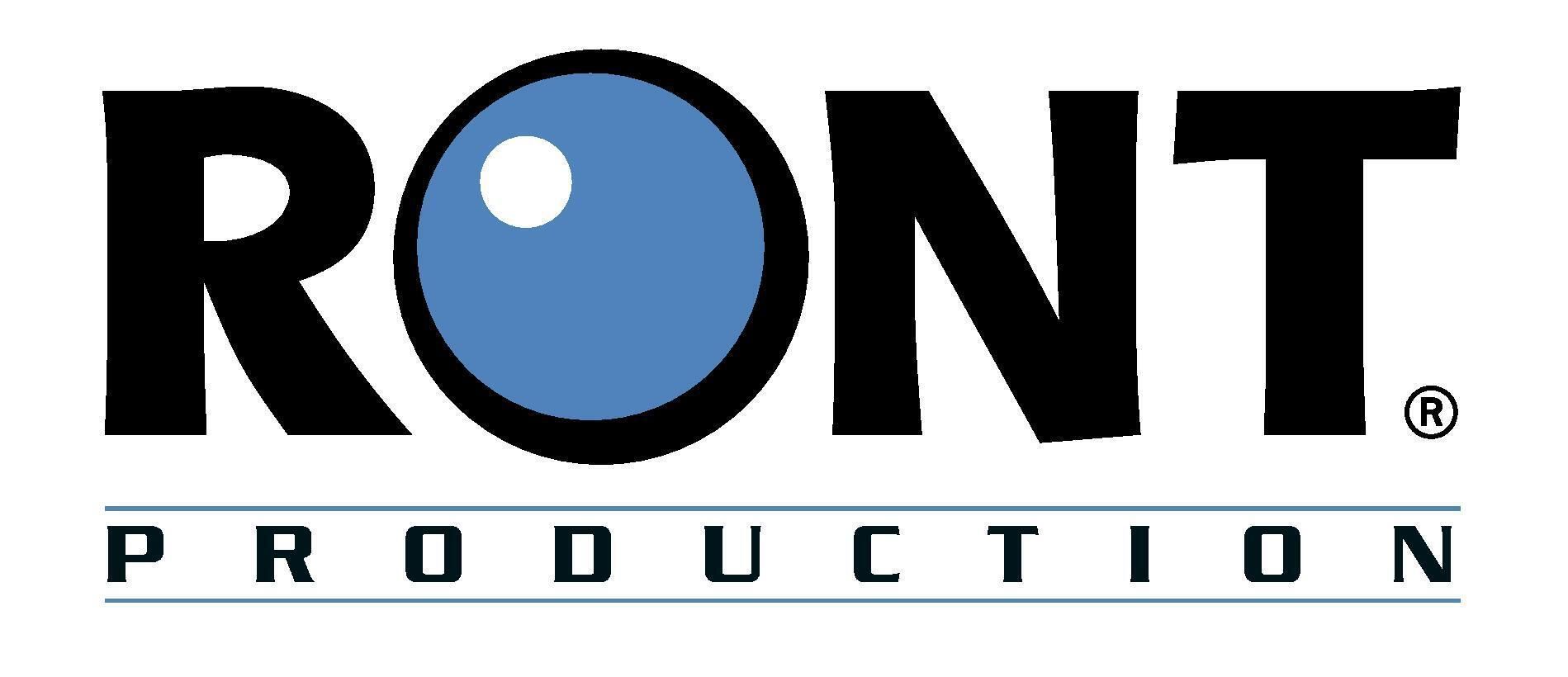 Logo de RONT Production. Le mot « RONT » est composé d'un « O » formé d'un cercle bleu avec un point blanc. « PRODUCTION » est indiqué ci-dessous.
